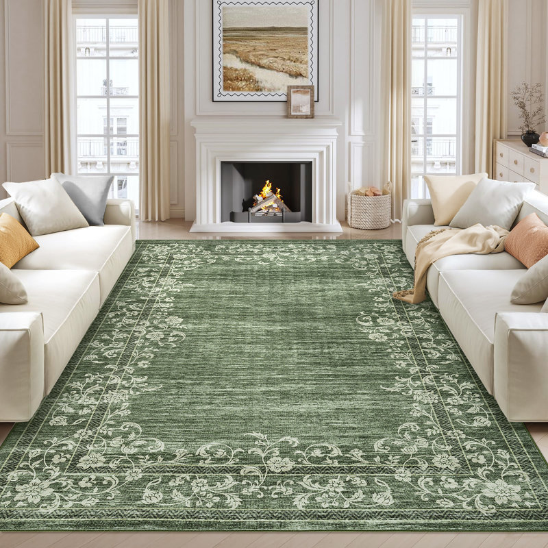 Machine Washable Non-Slip Rugs for Living Room Border Floral Vintage Distress Print Carpet Indoor Non-Shedding Rugs for Living Room Dining Room