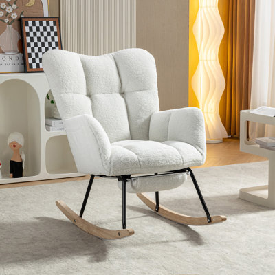 067-Teddy Fabric Leisure Rocking Chair With Adjustable Footstool,Nursery Rocking Chair, High Backrest, Storage Pocket On The Right Side,The Base Rocker Is Solid Wood And Metal