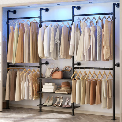 Expandable Industrial Pipe Clothing Rack, 7.3-10.9Ft Wall Mounted Closet System