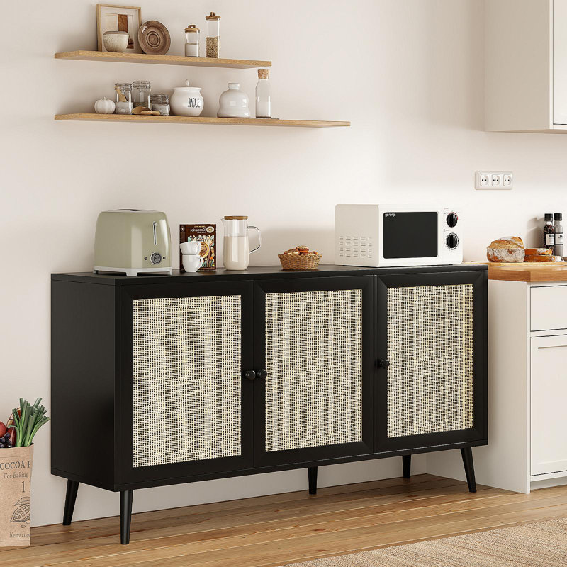 Buffet Buffet avec 3 portes en rotin, armoire de rangement moderne pour le salon (grand, noir), Noir