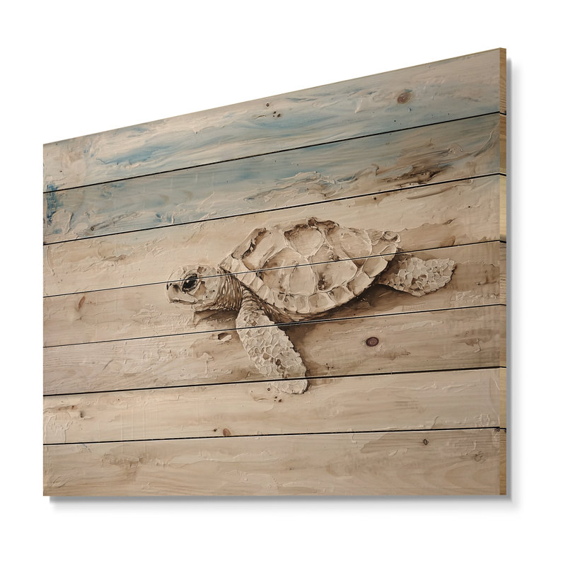 Minimal Turtle By The Beach - Art mural moderne en bois sur bois de pin naturel, H 34 po x l 44 po