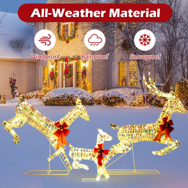 Warm White LED Lighted Reindeer Family Set with Red Bows