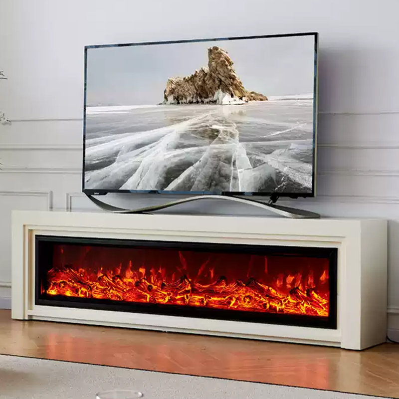 Beige Solid Wood TV Cabinet Fireplace, Beige, 23.62" H x 62.99" W x 12.99" D