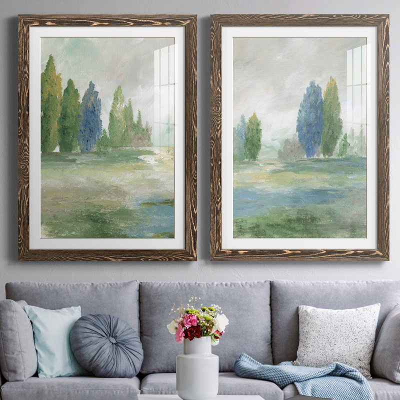 Jeweled Valley I - Ensemble de 2 reproductions d'art, Impression encadrée avec passe-partout, H 31,5 po x l 47 po, Noyer