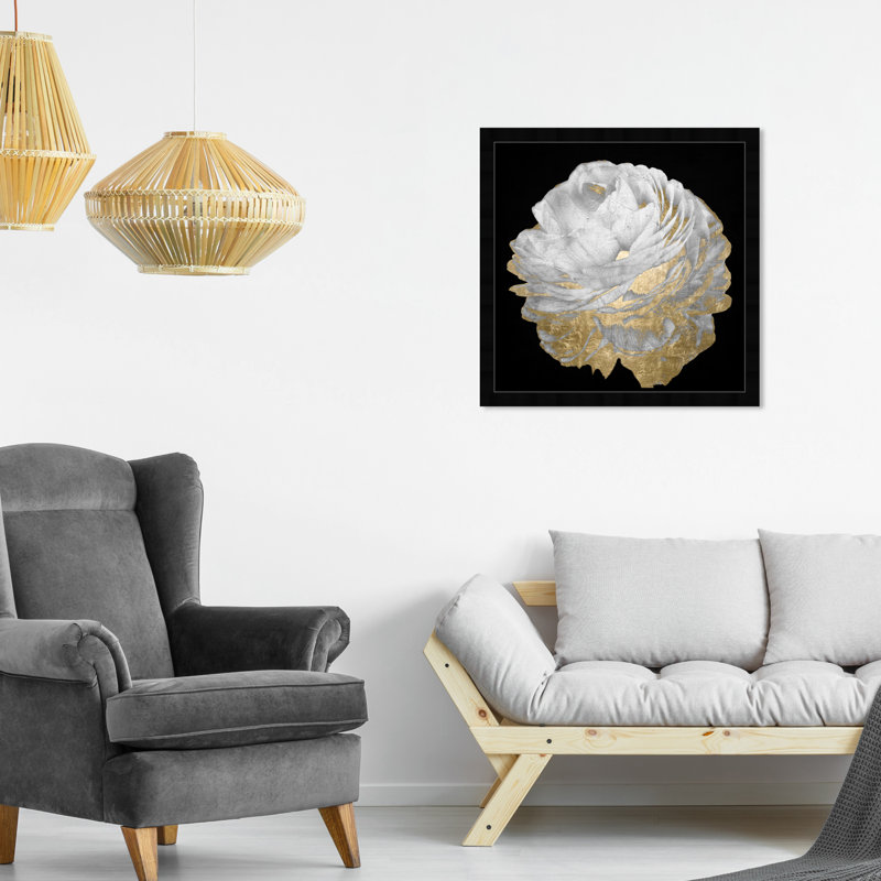 Or et fleurs légères - Peinture encadrée sur papier, H 22 po x l 22 po, Cadre noir