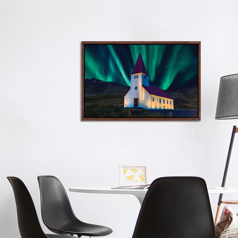 Aurora Boreallis With Church by Susanne Kremer - Floater Frame Gallery-Wrapped Canvas Giclée on Canvas, Brown