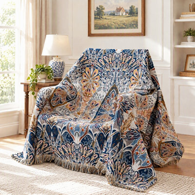 Boho Reversible 4-Layer Cotton Muslin Gauze Throw Blanket with Tassels, Lightweight All-Season Peacock Botanical Sofa Cover & Bed Accent