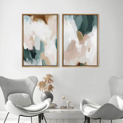 Aquarelle, pastel, blanc, motif bleu, illustrations abstraites, art moderne pour le salon, ensemble de 2 pièces encadrées sur toile