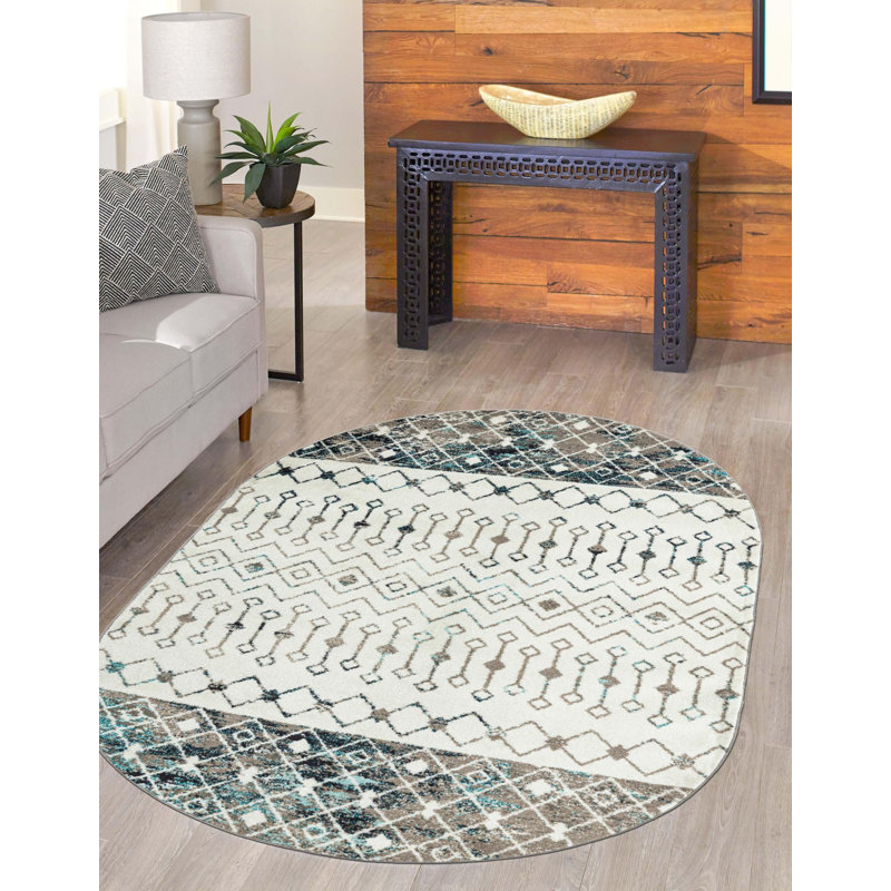 Somerville Geometric Indoor Rug, Oval 7'10" x 10', Ivory/Gray/Blue
