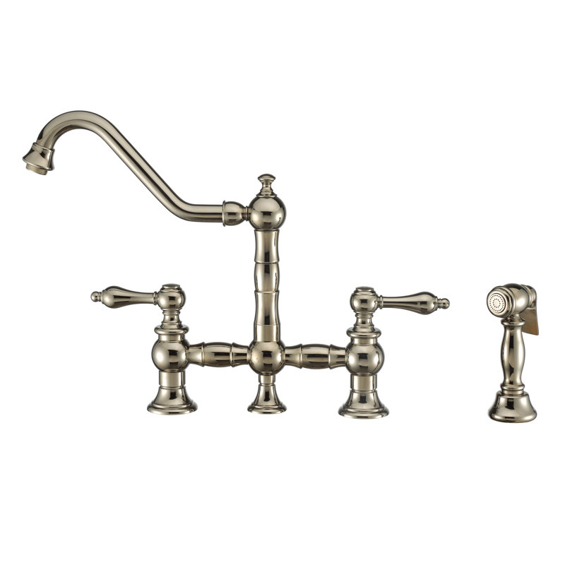 Whitehaus Collection Bridge Faucet with Long Traditional Swivel Spout Lever Handles and Solid Side Spray, Polished Nickel