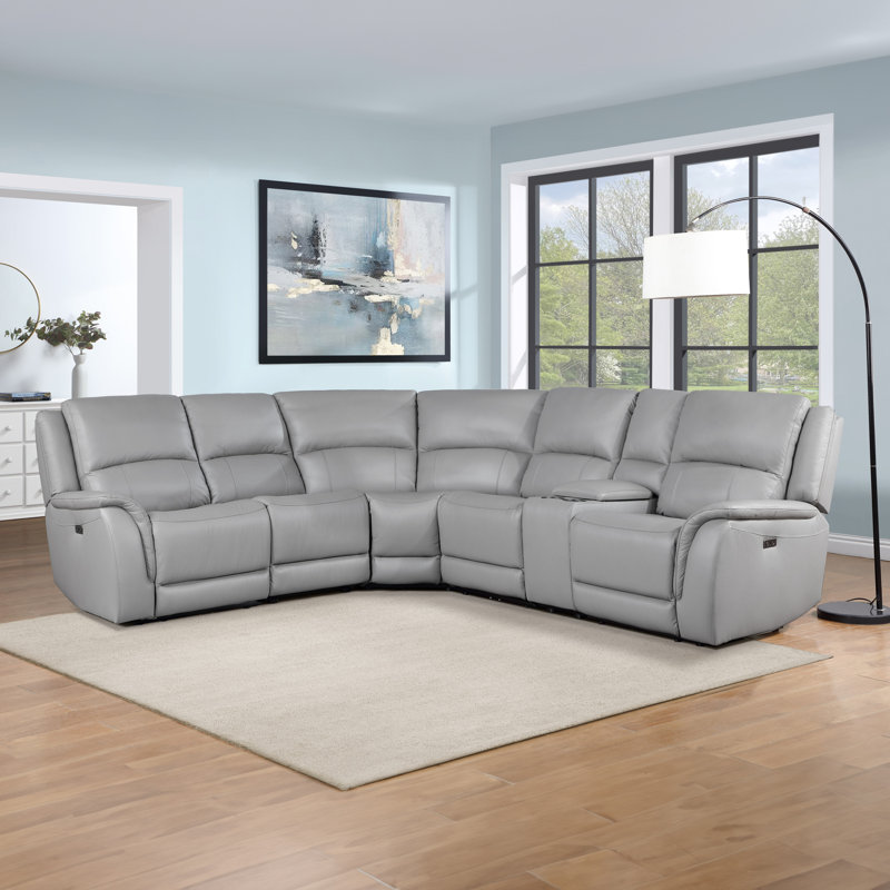 Malounta Wellkamp Leather 6-Piece Power Reclining Sectional, Stone Genuine Leather