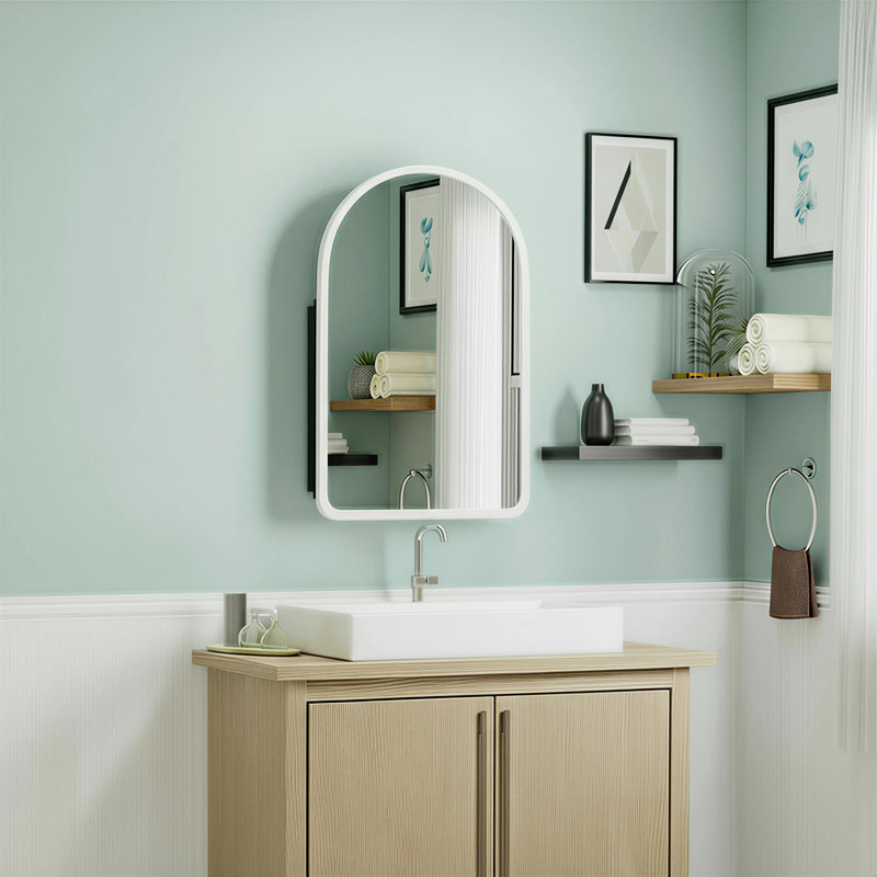 Pharmacie à arche encastrée ou à fixation en surface avec miroir et cadre en bois l 24 po x H 36 po, Blanc