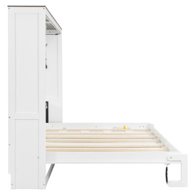 Grand lit escamotable avec lumière DEL, peut être plié dans une armoire, armoire de lit murale cachée, blanc et brun