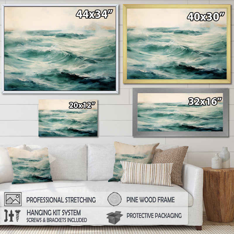 «Blue Coastal Waves Wildness Watecolor», reproduction, H 30 po x l 40 po x P 1,5 po, Cadre flottant blanc