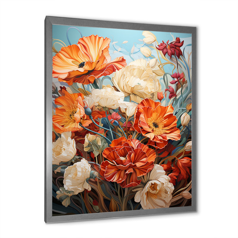 Orange Harmony Summer Flower Bouquet - Flowers Wall Art, Silver Single Picture Framed, 44" H x 34" W x 1.5" D