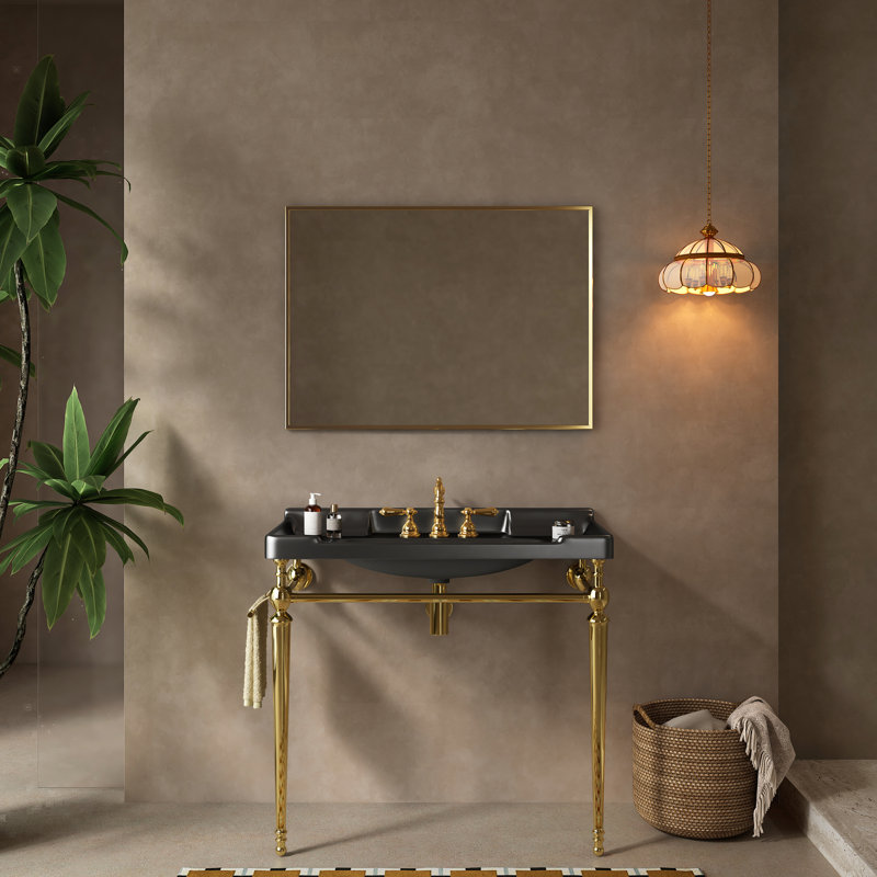 36" Bathroom Sink, Black Ceramic Vanity Basin With 3 Faucet Holes, Stainless Steel Freestanding Legs And Towel Rail, Quality Assurance Provided Standing Bar, Craftsmanship Robustness