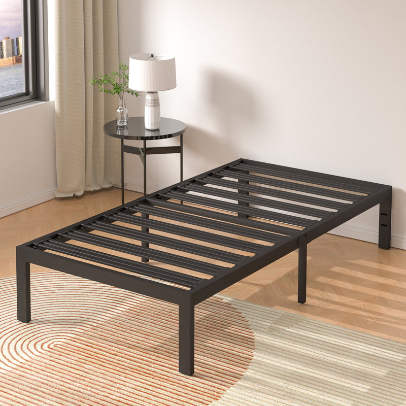 Base E 14 Inch Heavy Duty Platform Bed Frame with Stengthen Steel Metal Slats, Black, Twin