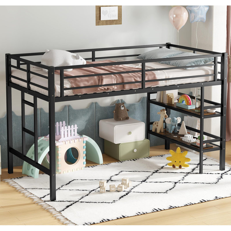 Lit mezzanine simple en métal avec tablette de rangement, lit mezzanine avec échelle facile à monter et garde-corps pour enfants, noir