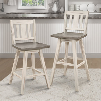 Pub Height Chairs Set Of 2, Distressed Gray And White 360-Degree Swivel Chair Solid Rubberwood Furniture, Vertical Slat Back Bar Chairs