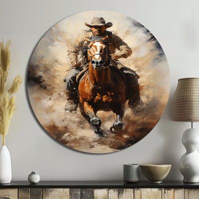 Cowboy Prairie Wind II - People Round Metal Art Prints