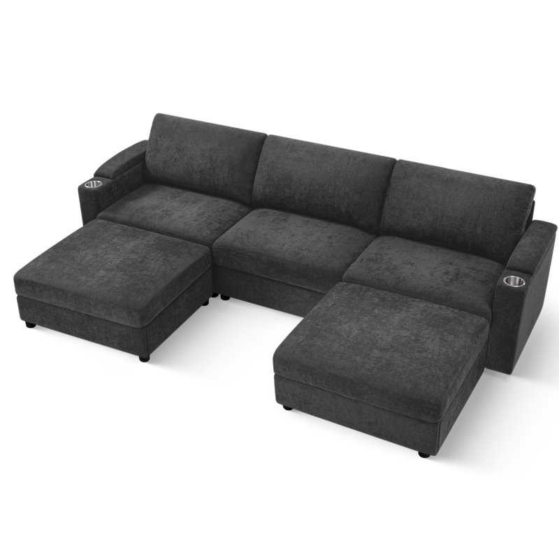 Canapé en U 108 po avec 2 repose-pieds, canapé modulaire convertible 5 places avec accoudoirs de rangement et porte-gobelets, canapé en chenille confortable avec sièges profonds pour le salon