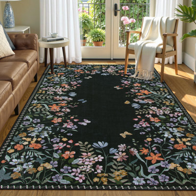  Tapis lavable vintage rétro avec envers antidérapant, tapis noir à poils courts pour le salon, la chambre à coucher et la salle à manger