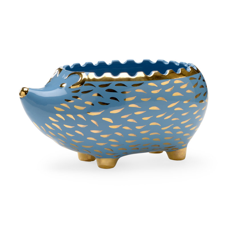 Hedgehog Ceramic Planter, Blue/Gold