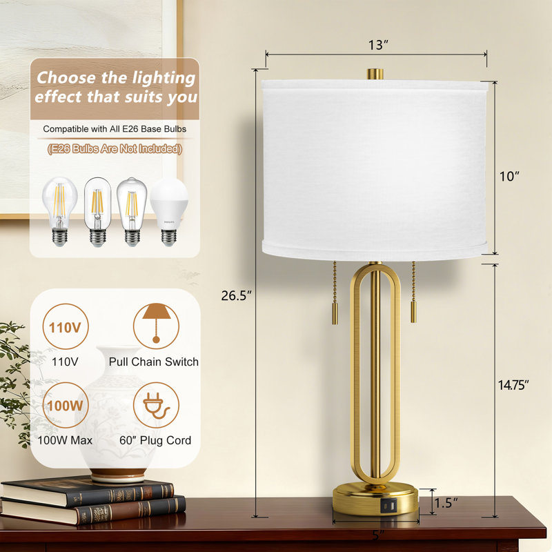 26.5'' Traditional Metal Table Lamp With Usb For Living Room/Bedroom, Polished Gold