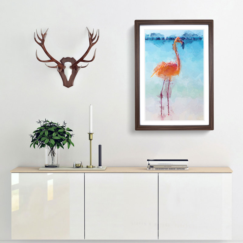 Lone Flamingo in Abstract - Picture Frame Graphic Art Print, Walnut, 60cm H x 40cm W x 2cm D