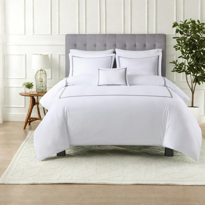 Ensembles de literie en satin de coton 5 pièces de luxe, style hôtel brodé, édredon hypoallergénique pour lit double / grand