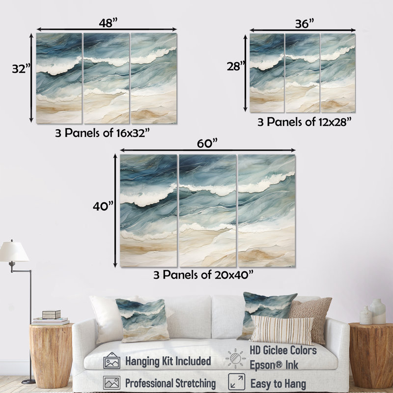 Bleu moderne et beige sable, vue aérienne III - ensemble de reproduction d'art sur la plage côtière, Toile tendue