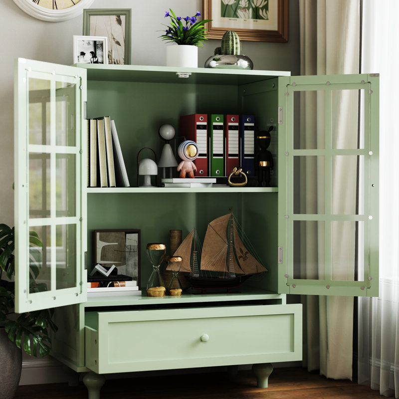 Buffet de couloir contemporain avec portes et tiroirs en verre double - menthe. Qualité fine, robustesse des pieds en bois massif, protection trempée. Tablette réglable, espace pratique. 28 po x l 15 po x 38 po