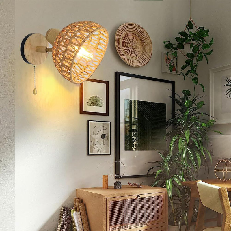 Rattan Wall Sconce Light with Pull Chain Switch