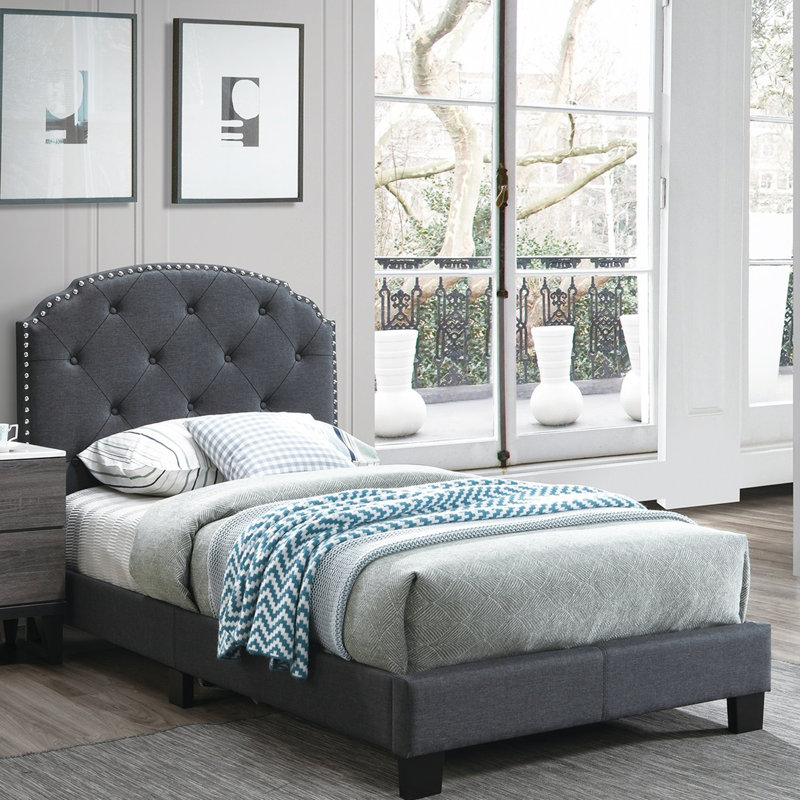 Lit plateforme tapissier en bois massif, Gris, Simple
