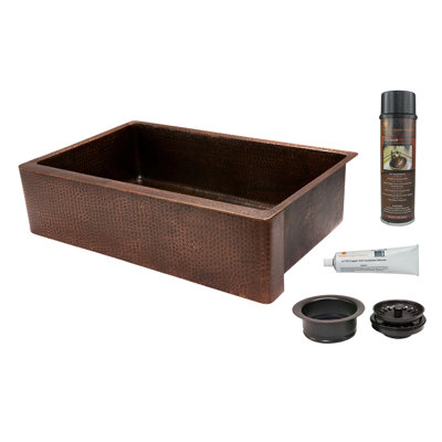 Évier de cuisine à tablier simple 35 "en cuivre martelé avec drain et accessoires assortis