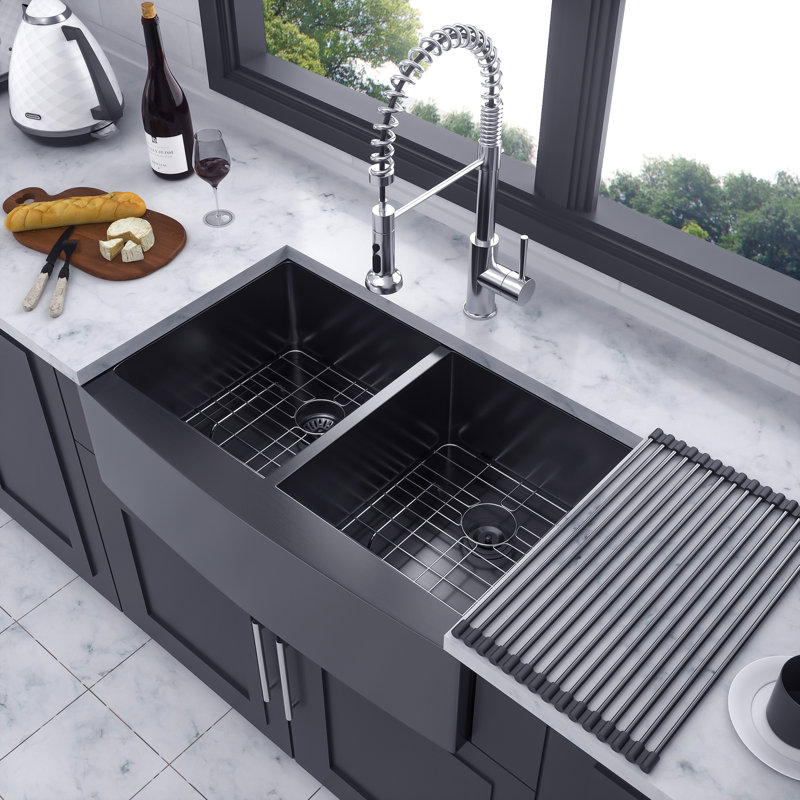 Évier de cuisine à double cuve à tablier frontal avec grille d'évier et ensemble de drain L 36 po x l 21 po