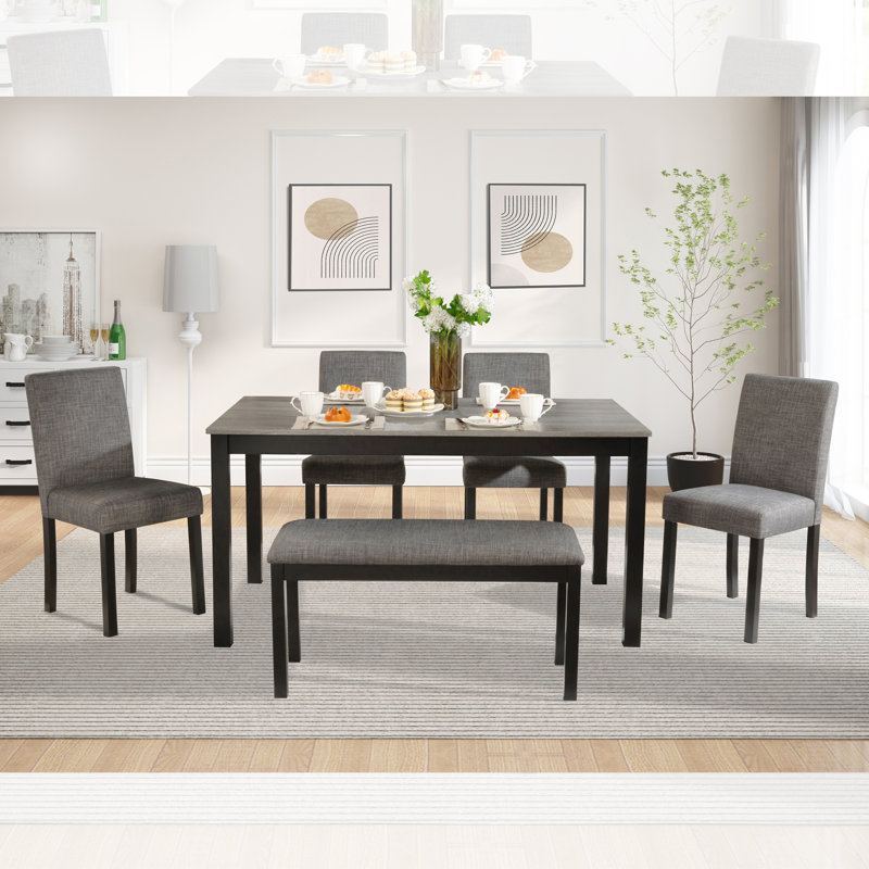 Ensemble de table de salle à manger 6 pièces avec banc et chaises, Gris clair / noir, Gris clair