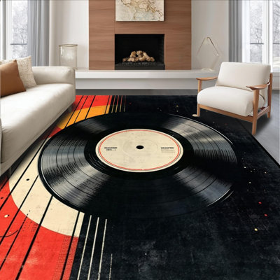 Ultra Soft Area Rug, Non Slip, Stain Resistant, Washable Area Rugs for Living Room, Bedroom, Retro Vinyl Record Entryway Non-Slip Door Mat(Black)
