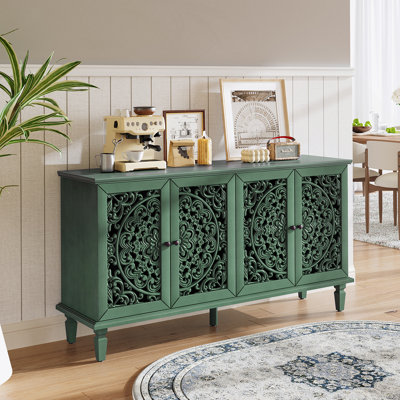 60" Antique Buffet Cabinet With Floral Carvings With Solid Wood Legs&Antique Brass Handles&Adjustable Shelves, TV Stand For 65''+ TV, Sideboard For Living Room,Dining Room(Antique Green)