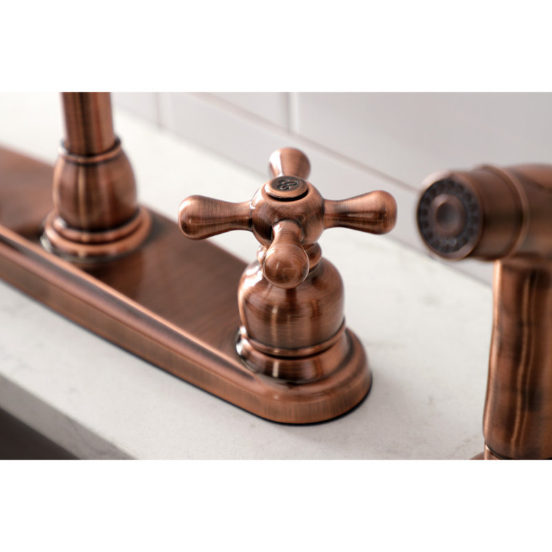 Kingston Brass Vintage Two-Handle 4-Hole 8" Centerset Kitchen Faucet with Side Sprayer, Antique Copper
