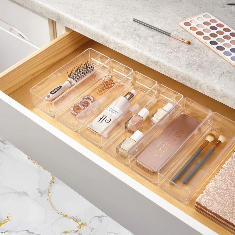  25 Piece Clear Plastic Drawer Organizer Set with Stackable Design 4 Sizes