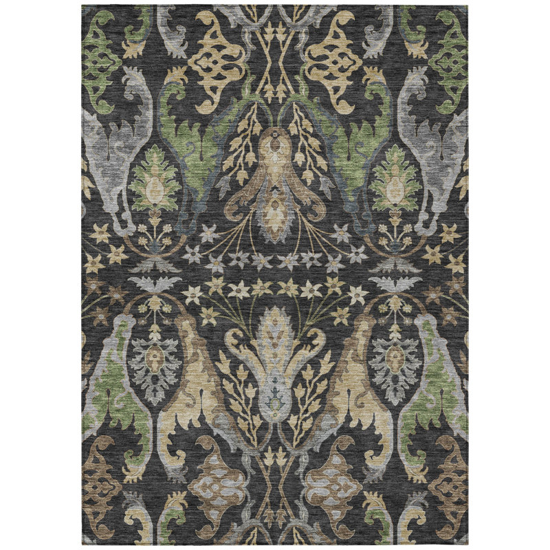 Tapis extérieur lavable floral noir et vert 9 pi x 12 pi noir