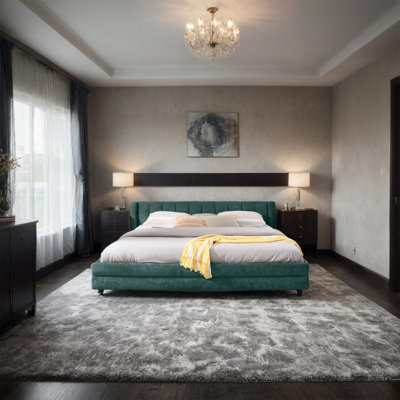 Structure de lit tapissier très grand avec tissu épais, cadre de lit rembourré confortable, tissu chenille, avec tête de lit et base de lit solide. Avec tiroir de rangement - bleu et vert (86,5 po x 84 po x 81 po)