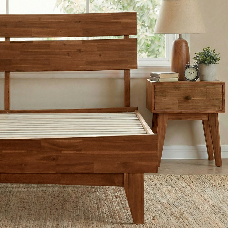 Acacia Aurora Premium Solid Wood Platform Bed Frame and High Headboard, King Bed Frame with Headboard Included, Mid Century Modern Bed Frame