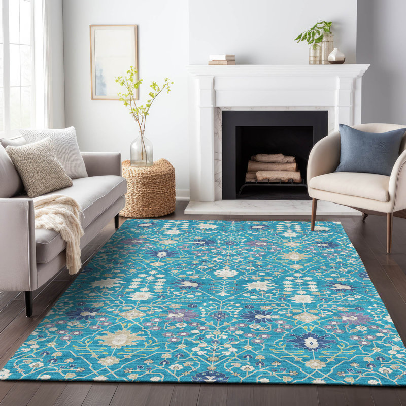 Teal Flat Woven Rectangular Synthetic Washable Rug