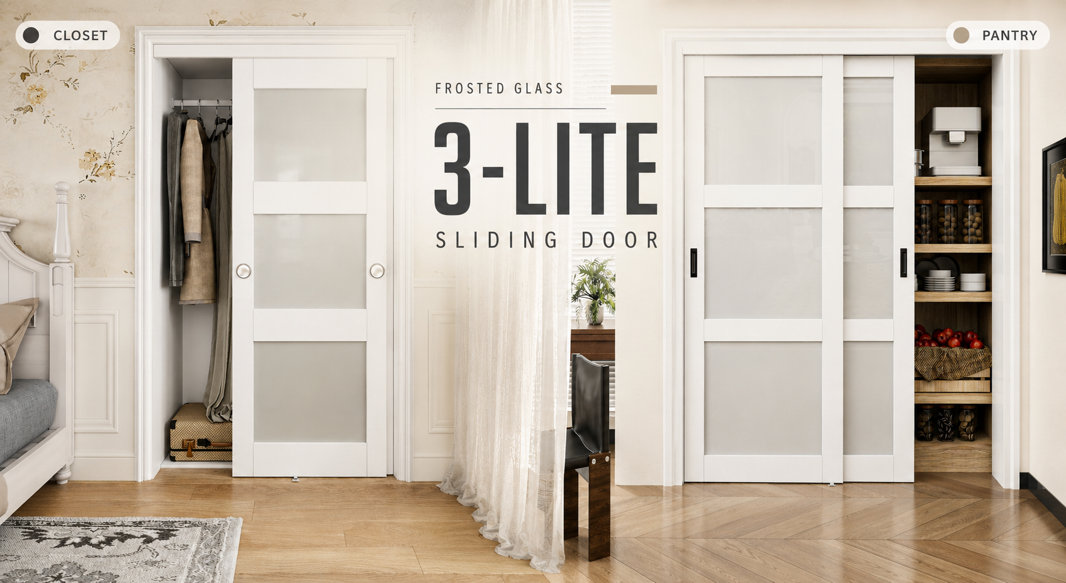 Frosted glass 3-lite sliding door shown installed as a closet door and a pantry door.