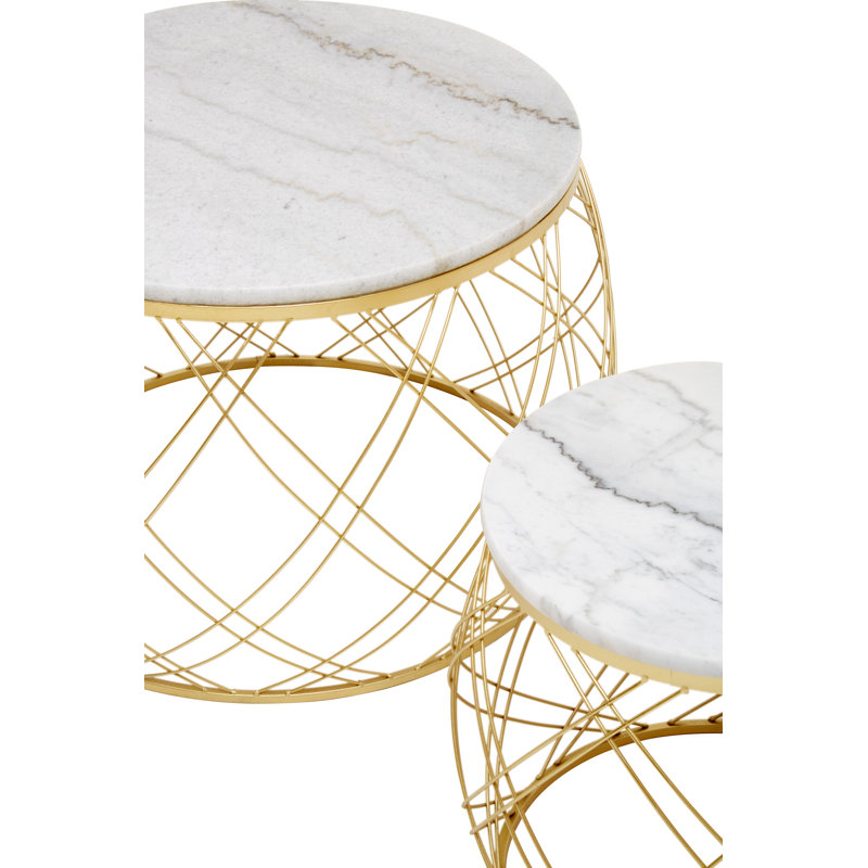 Set Of Two Side Tables With White Marble Top And Gold Frame