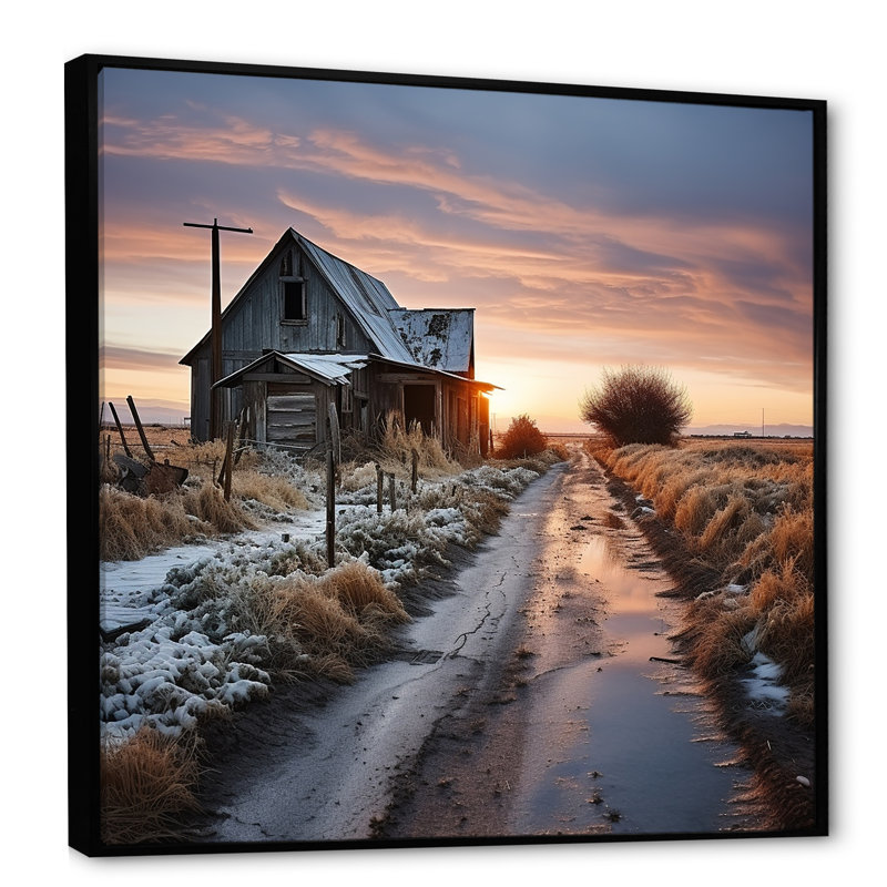 Barns Winter Scenery sur toile, H 30 po x l 30 po x P 1 po, Cadre flottant noir