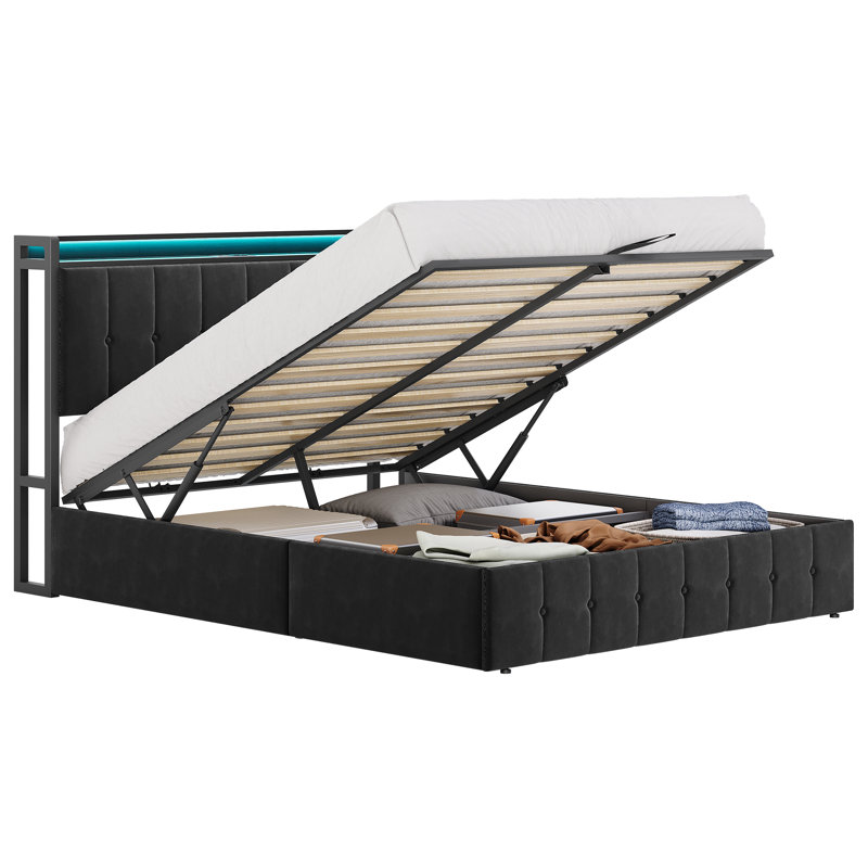 Queen Bed Frame with Lift Up Storage, Upholstered Velvet Bed with LED Lights & Power Outlets, Hydraulic Support, No Box Spring Needed, Black