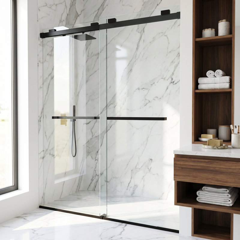 Houston 56-60" W x 76" H Sliding Frameless Shower Door with 3/8" Clear Glass, Matte Black